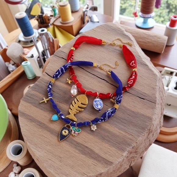 2 piece bandana necklaces , evil eye, beach themed, fish bone - Picture 3 of 7